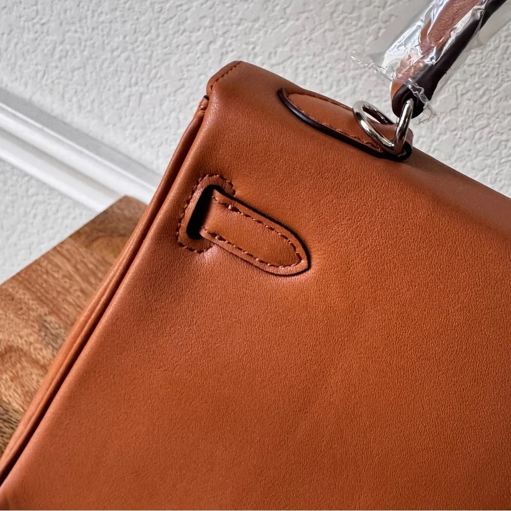 LEATHER INSIDE & OUT | Tan Orange 25 KL Belted Satchel Bag Dual Wide Strap B4 - Picture 6 of 13